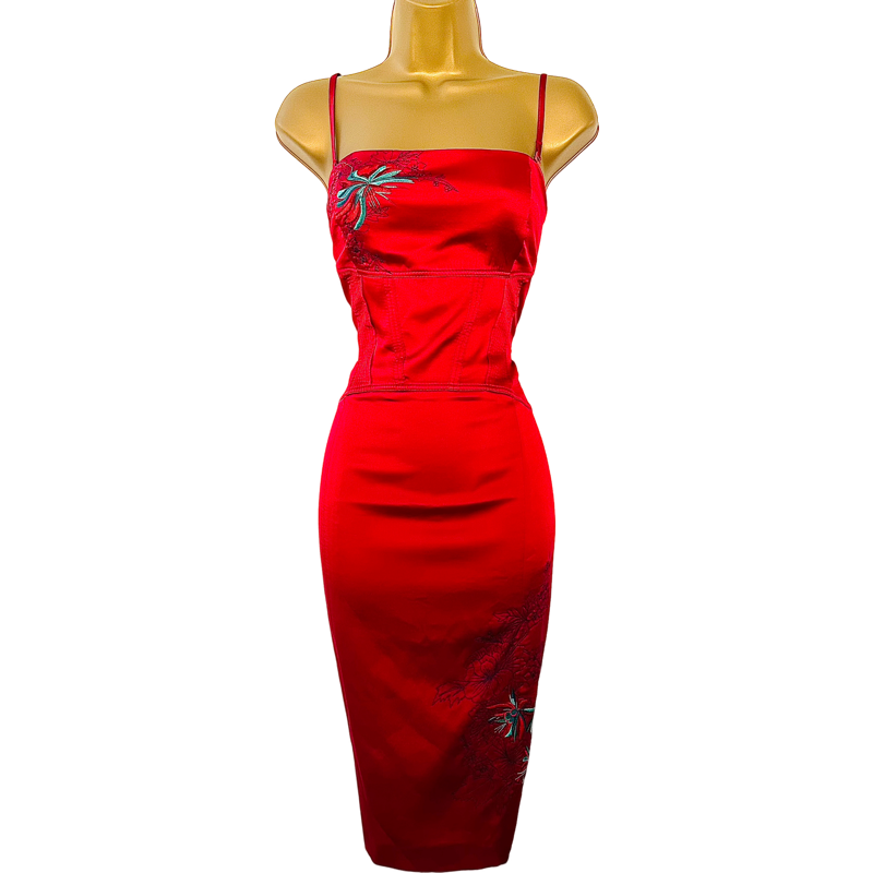 KAREN MILLEN cherry red stretch satin pencil dress with corset bodice and embroidery Jet Set Dresses
